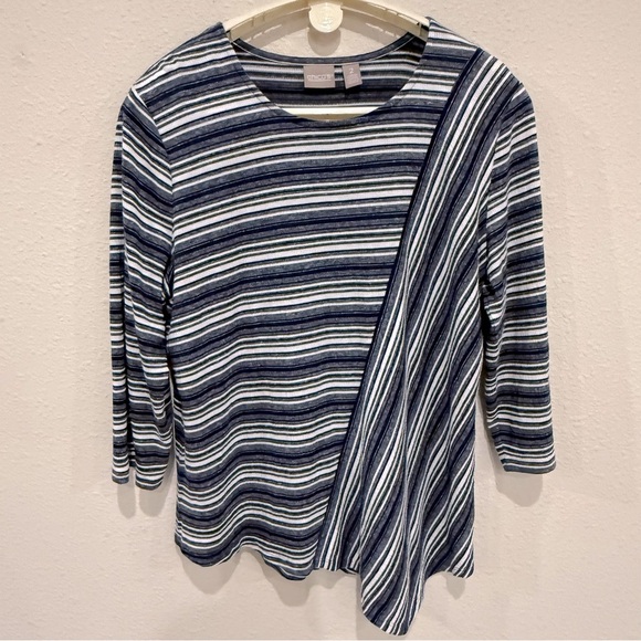 Chico’s Striped Asymmetrical Top Navy & White 3/4 Sleeves Size 12 (Chico’s 2) - Picture 1 of 10